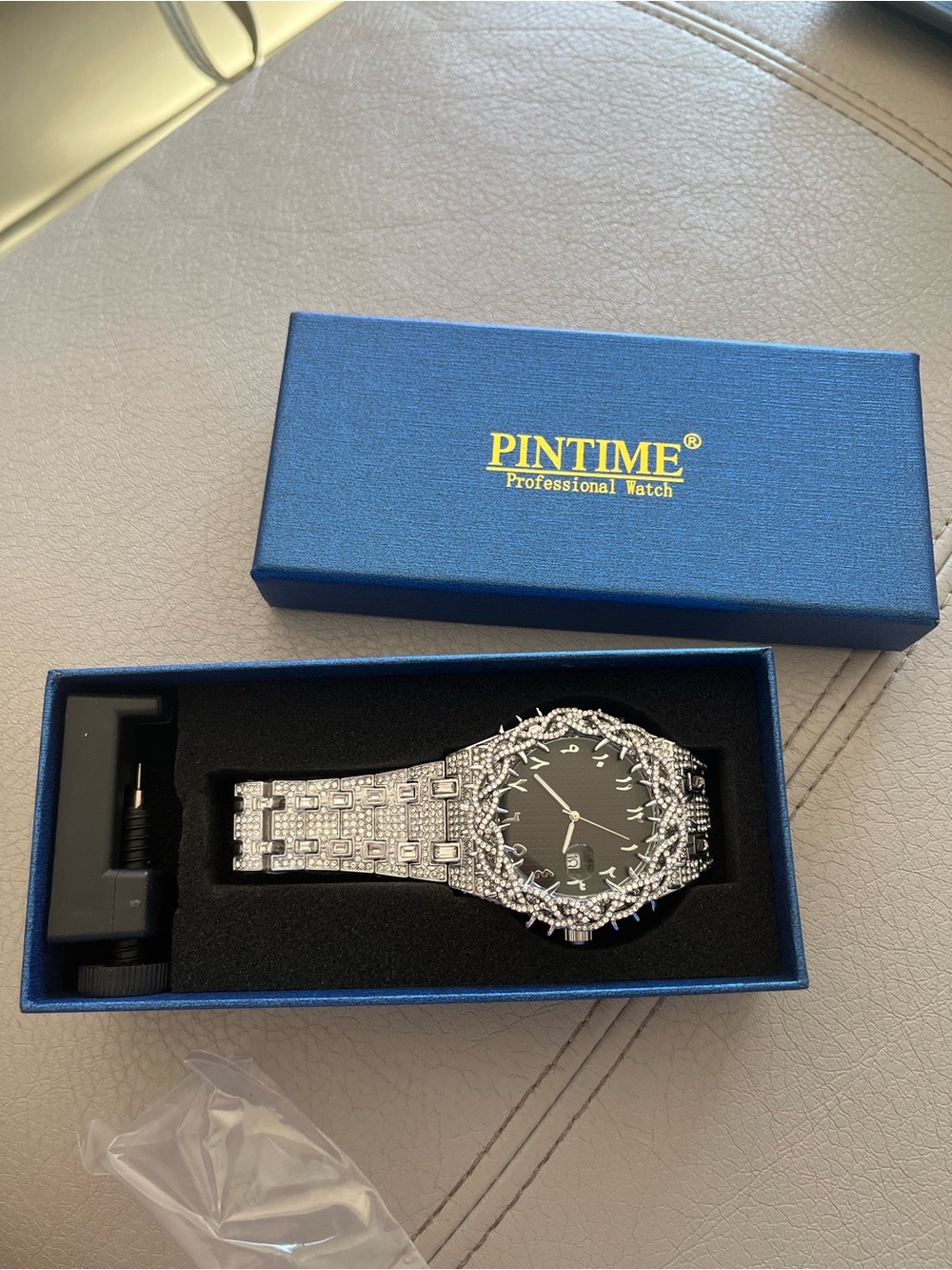 Men's Silver Crystal Watch with Black Dial